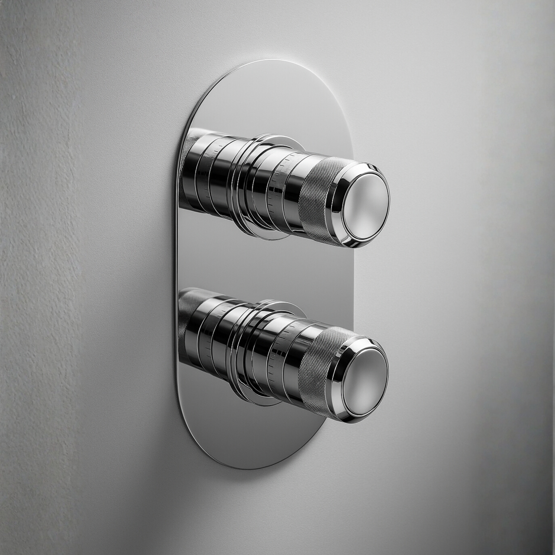 Chrome wall-mounted valve handle on a gray background