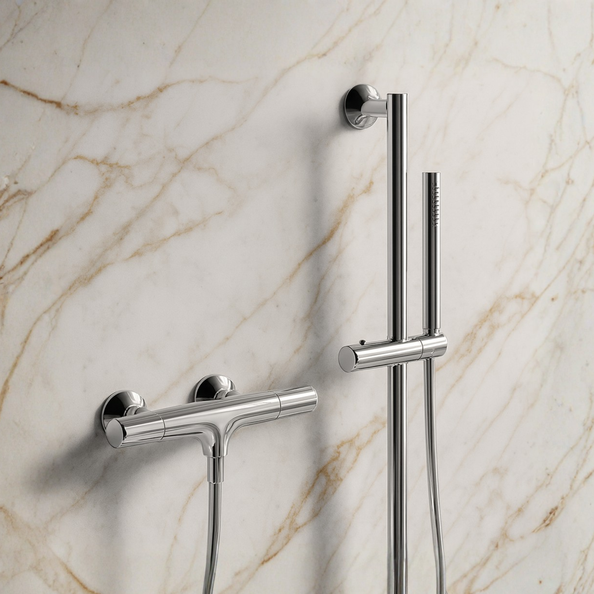 Chrome shower handle and handheld shower head on a marble wall background