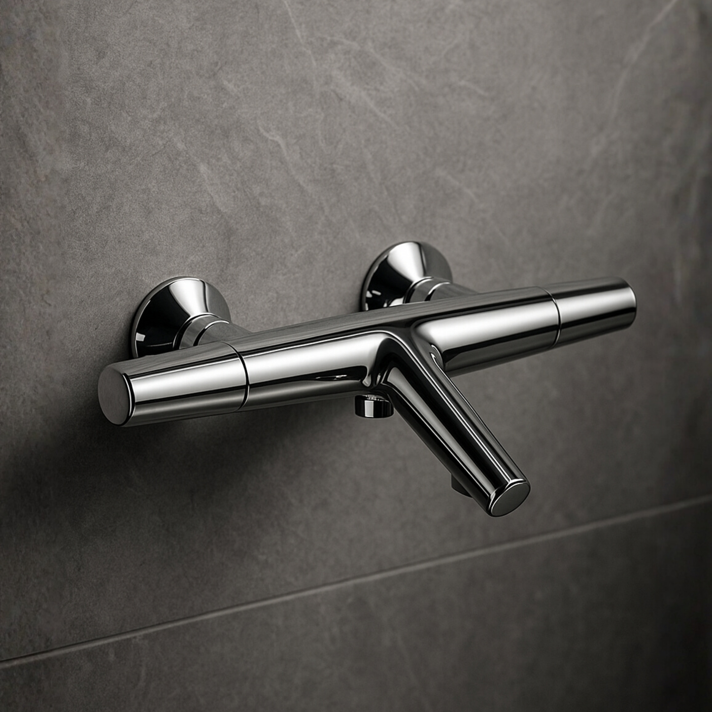 Chrome shower control valve on a gray tiled wall
