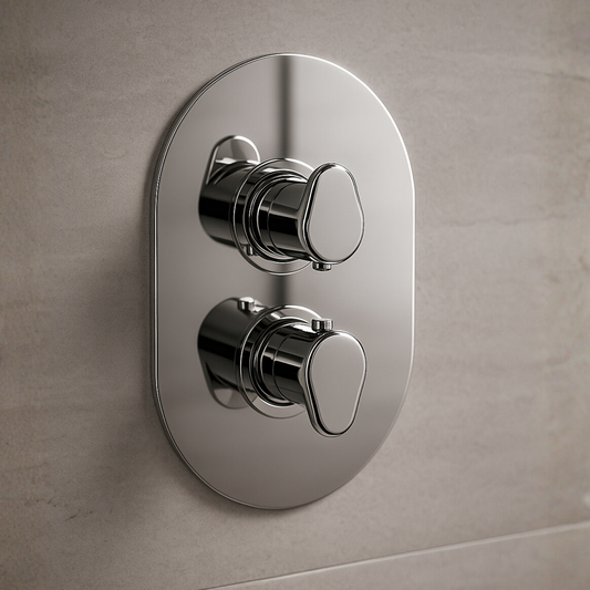 Chrome shower control panel on a gray tiled wall