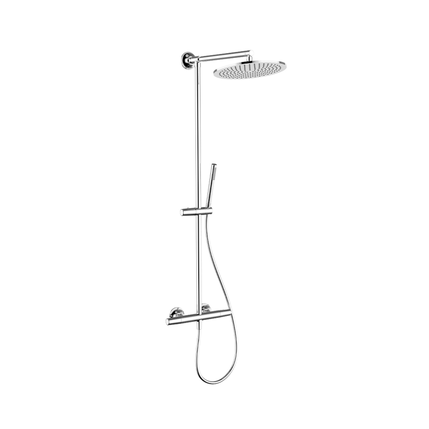 Wall-mounted exposed thermostatic shower set with a silver finish, featuring a square overhead shower head and a vertical adjustable shower arm.