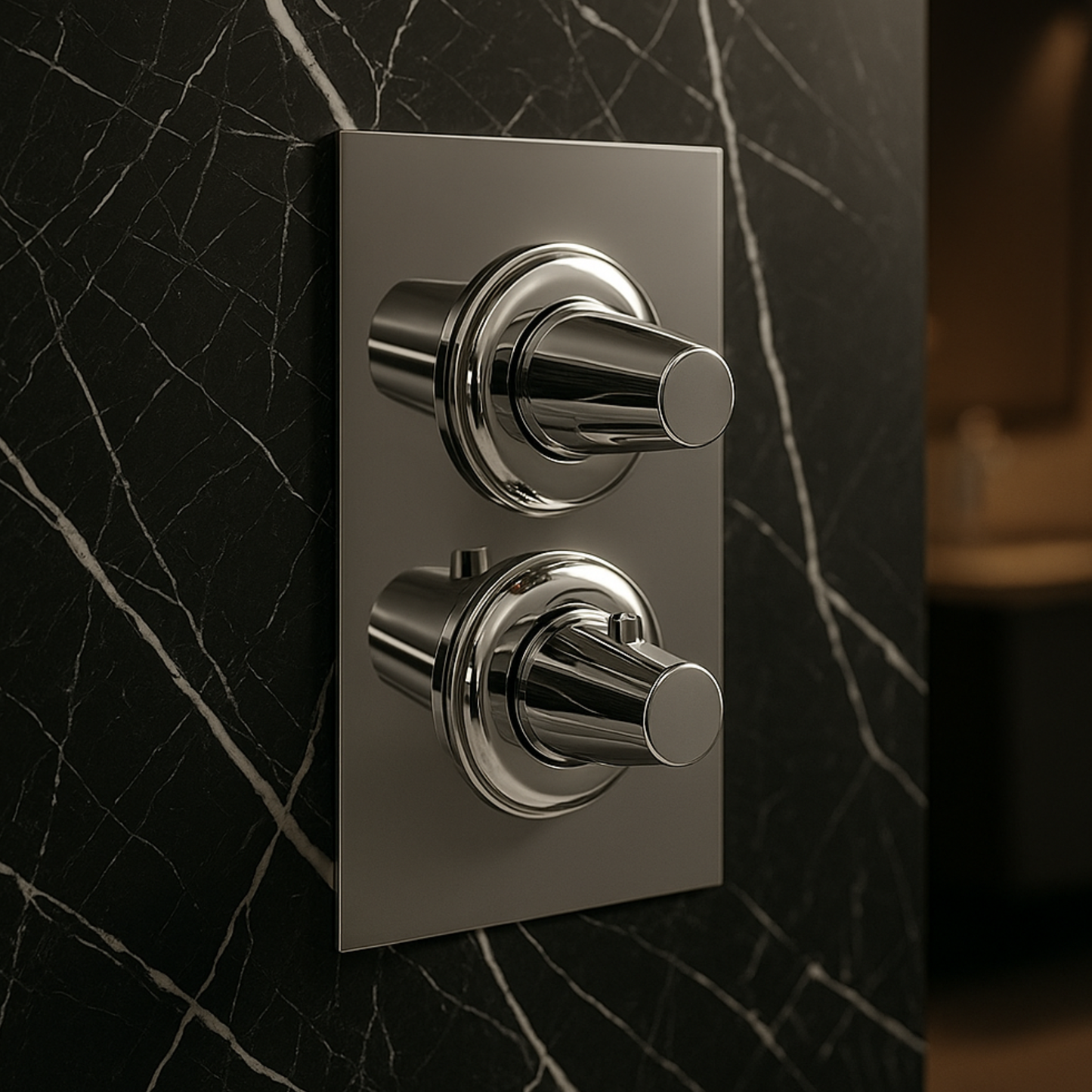 Chrome wall-mounted control panel with two knobs on a black marble wall.