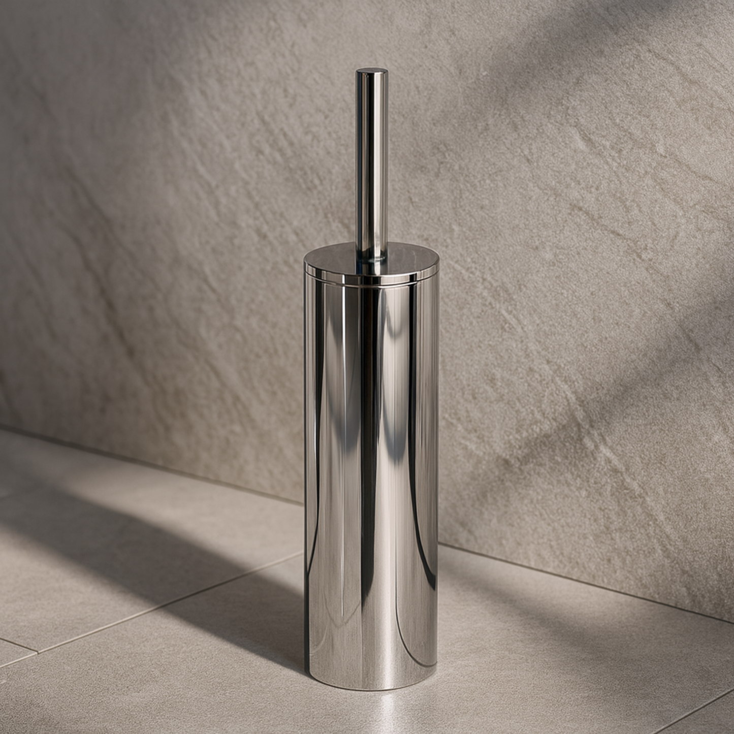 Chrome toilet brush holder against a tiled bathroom wall.