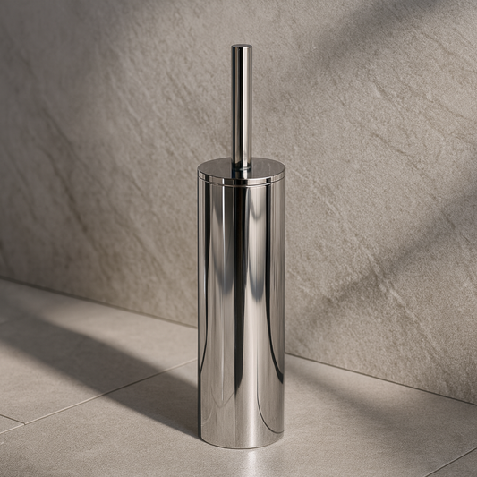 Chrome toilet brush holder against a tiled bathroom wall.