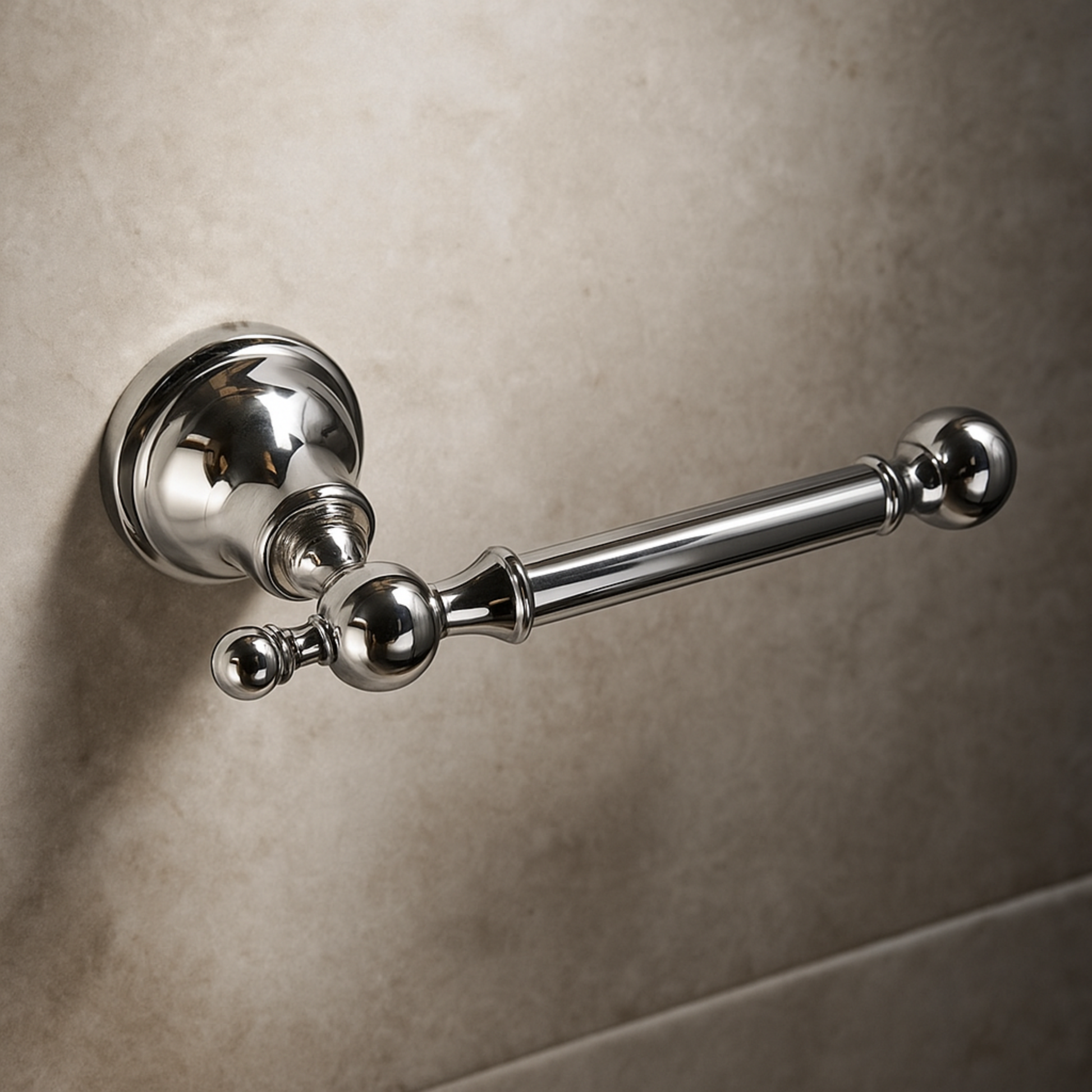 Chrome towel holder mounted on a textured wall.
