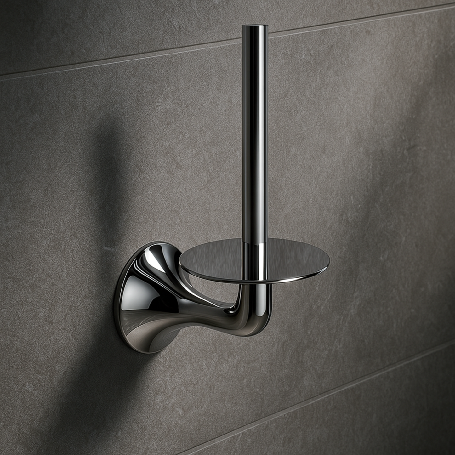 Chrome wall-mounted toilet brush holder on a gray tiled wall