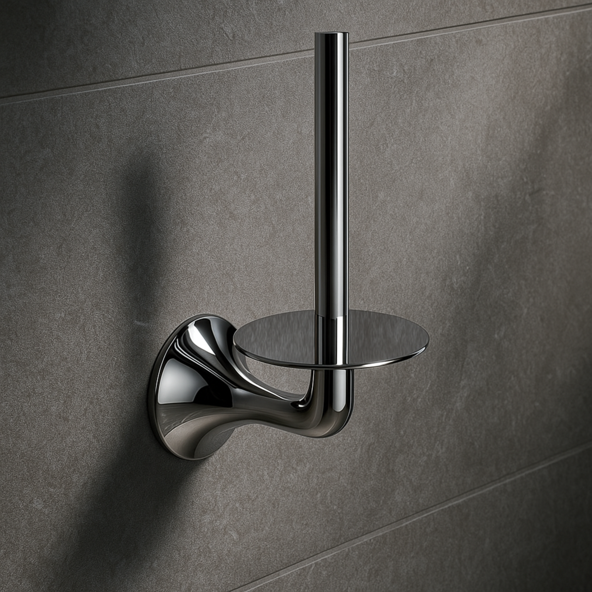 Chrome wall-mounted toilet brush holder on a gray tiled wall
