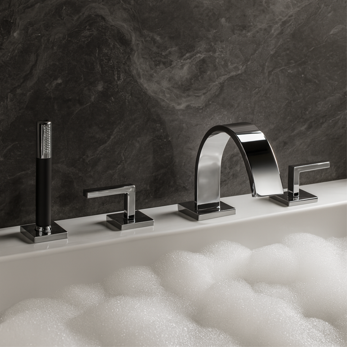 Modern bathroom faucet set with marble wall in the background