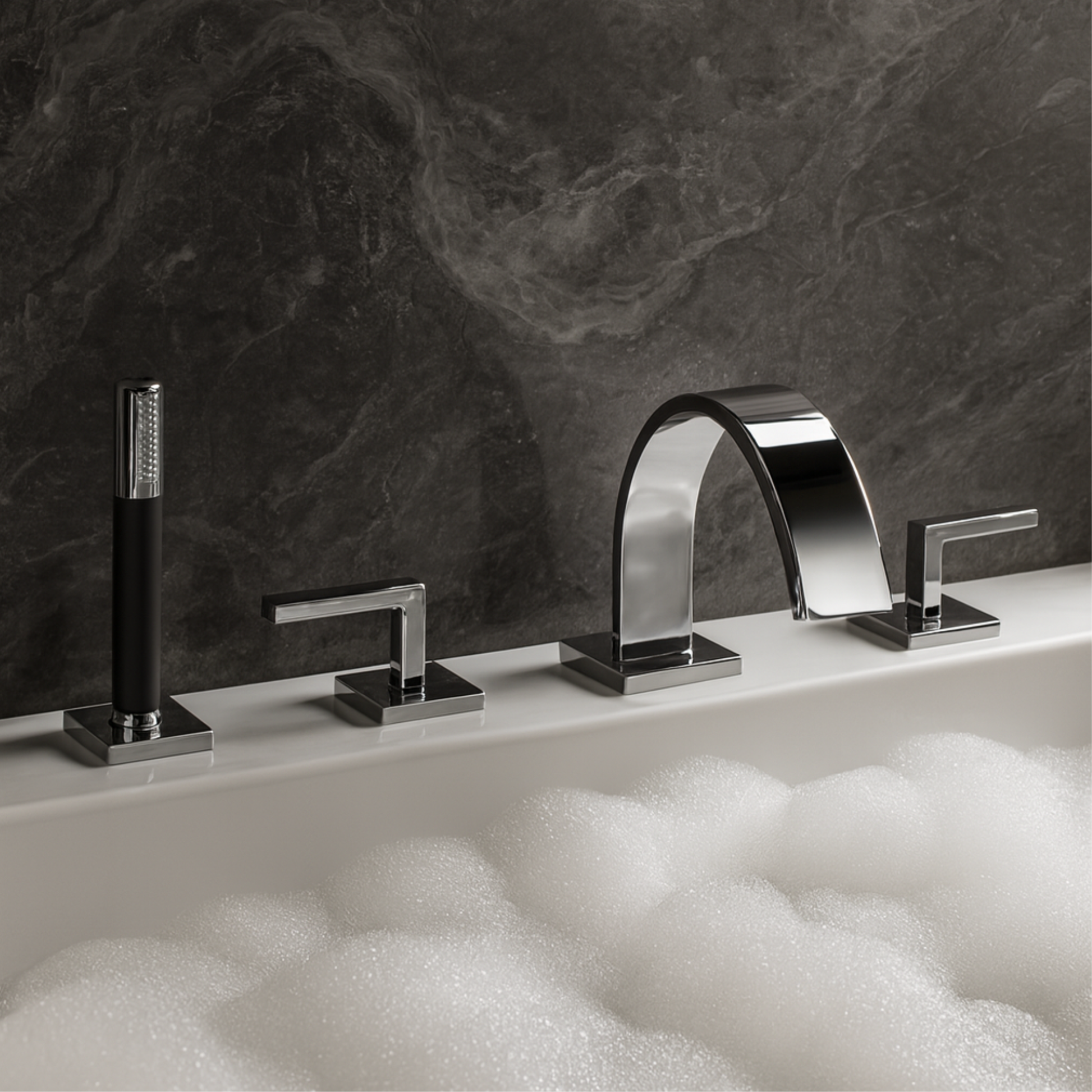 Modern bathroom faucet set with marble wall in the background