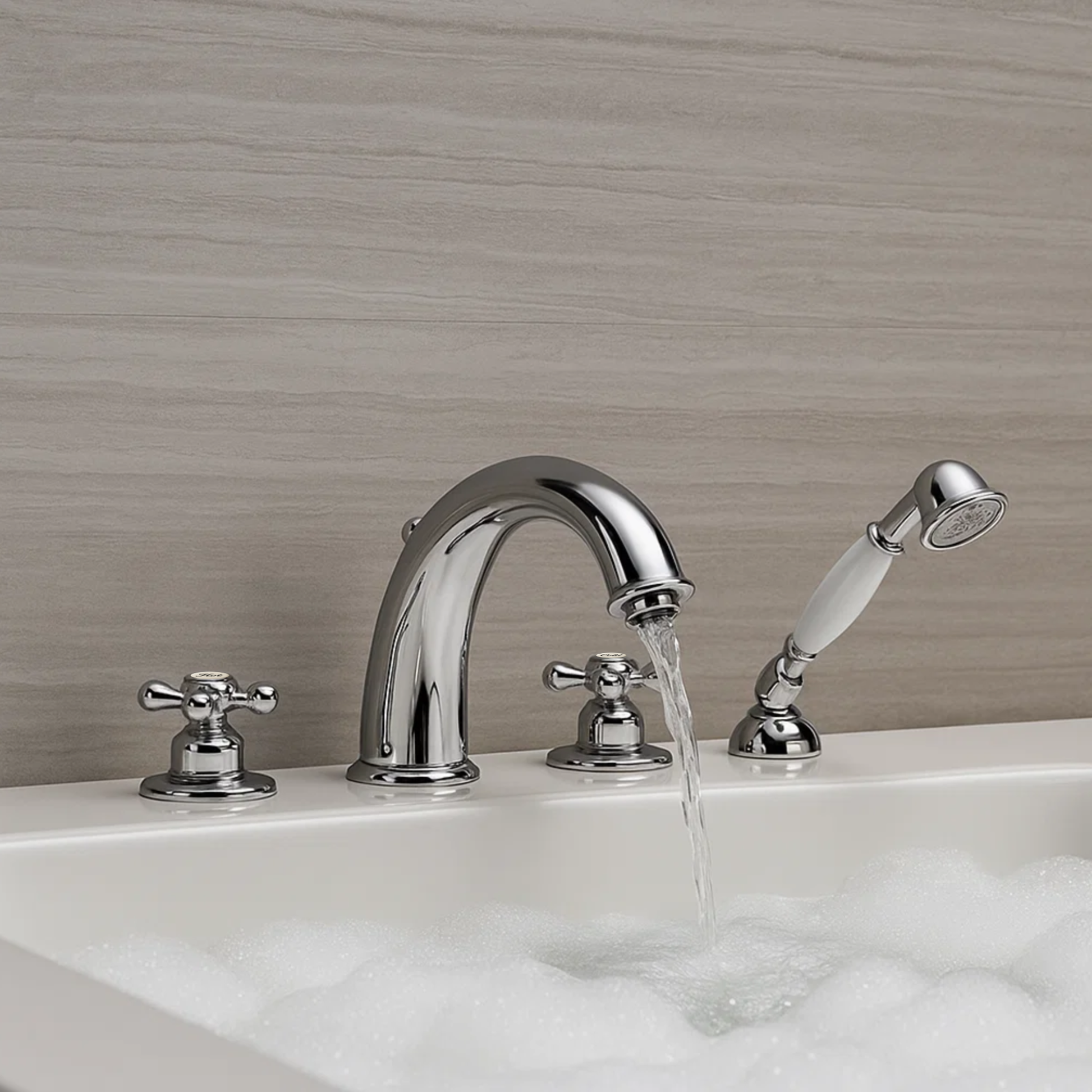 Chrome bathtub faucet with handheld shower head and soap dispenser on a tiled wall background.