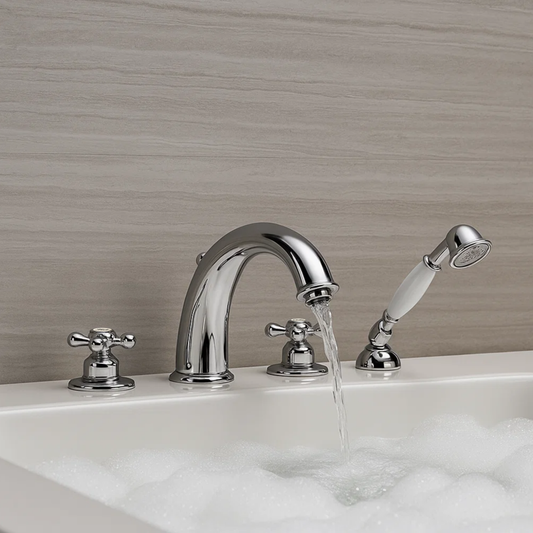Chrome bathtub faucet with handheld shower head and soap dispenser on a tiled wall background.