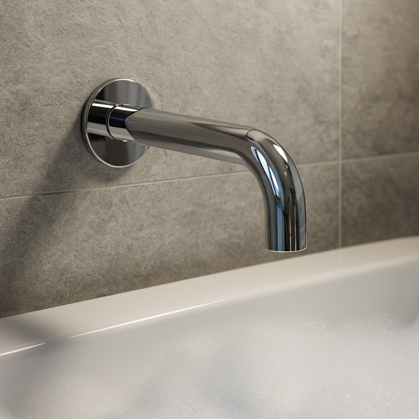 Chrome bathtub faucet mounted on a tiled bathroom wall.