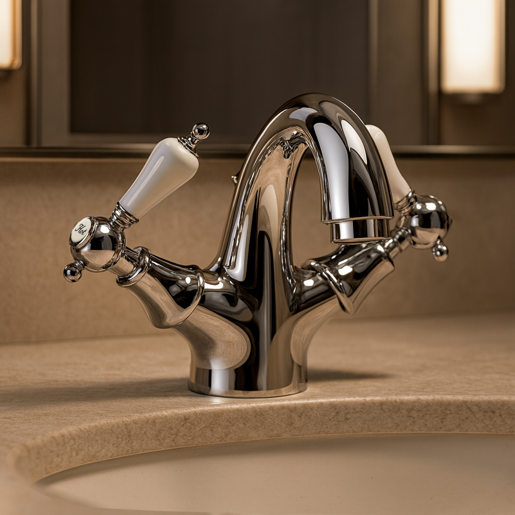 Chrome bathroom faucet with white handles on a beige countertop.