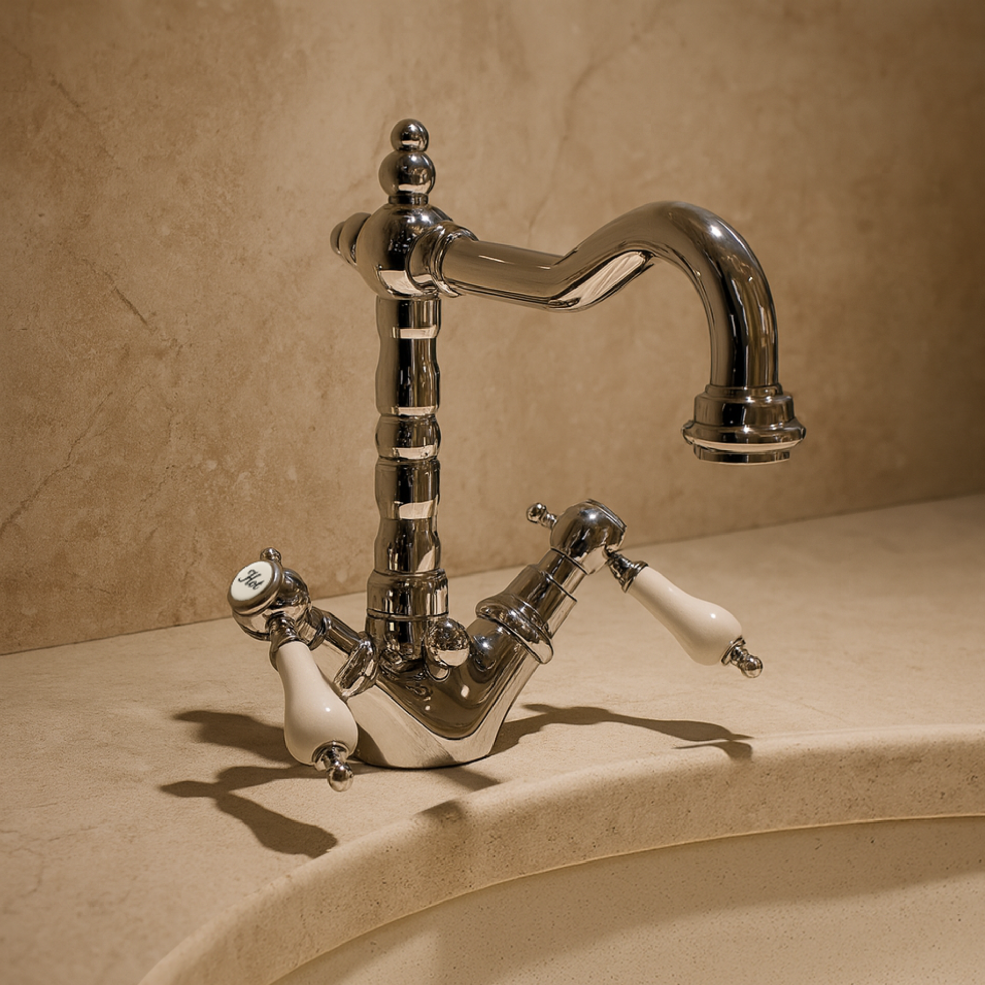 Chrome faucet with white handles on a beige countertop against a matching wall.