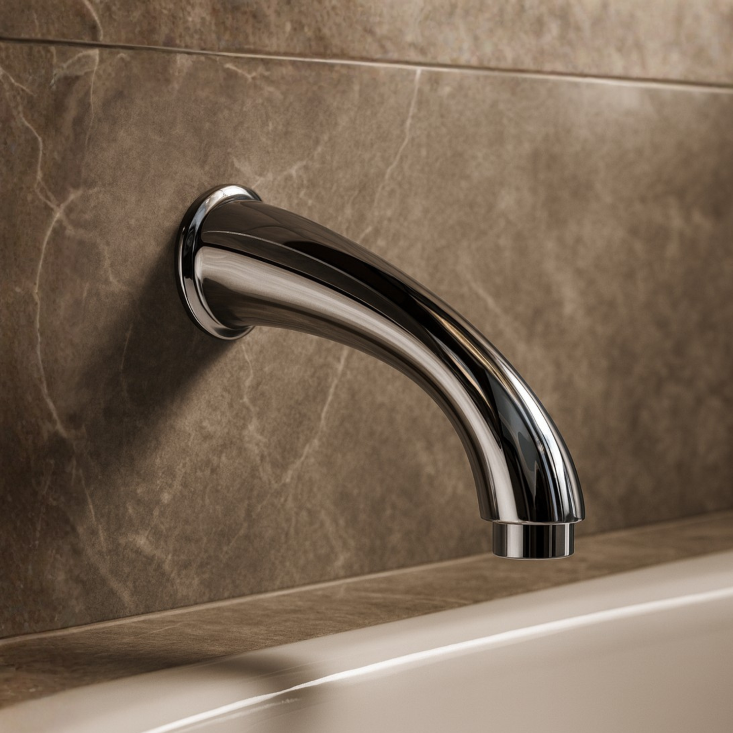 Chrome bathtub spout mounted on a tiled wall