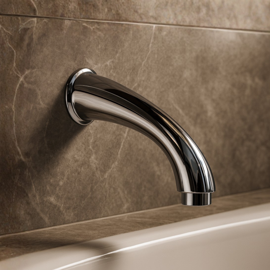 Chrome bathtub spout mounted on a tiled wall