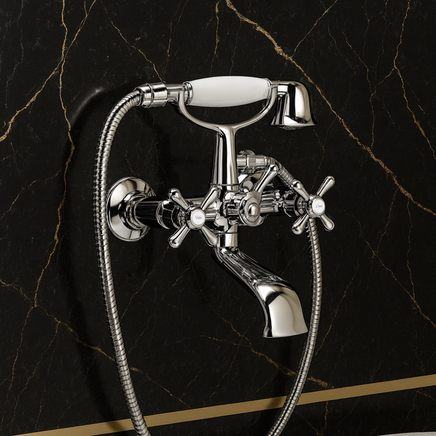 Chrome wall-mounted bathtub faucet with handheld shower head on a black marble background