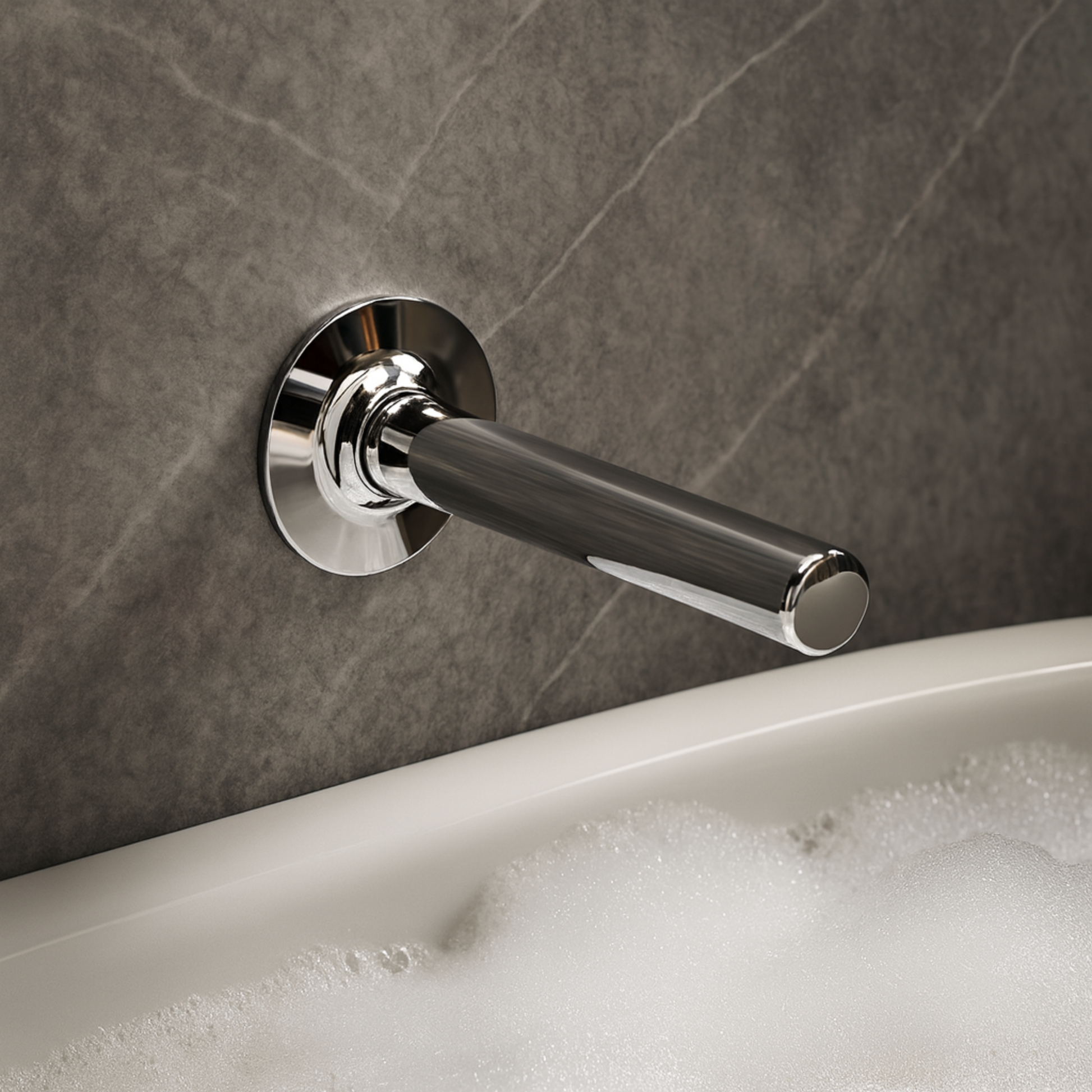 Chrome wall-mounted faucet on a gray tiled wall with a white sink.