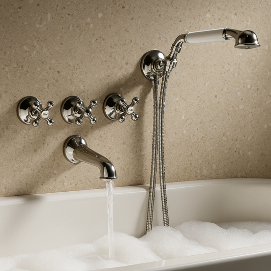 Chrome bathtub faucet and shower head set against a beige wall.