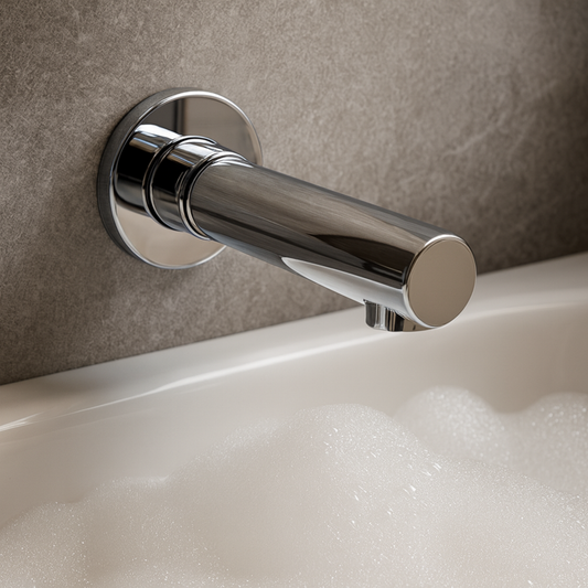 Chrome wall-mounted faucet on a tiled bathroom wall
