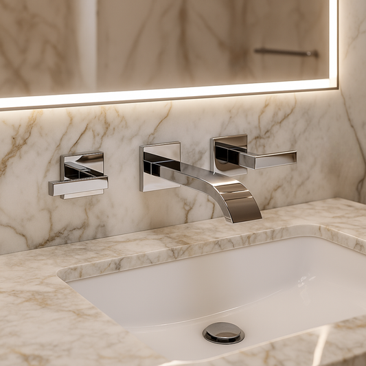 Bathroom sink with modern faucet and controls on a marble countertop.