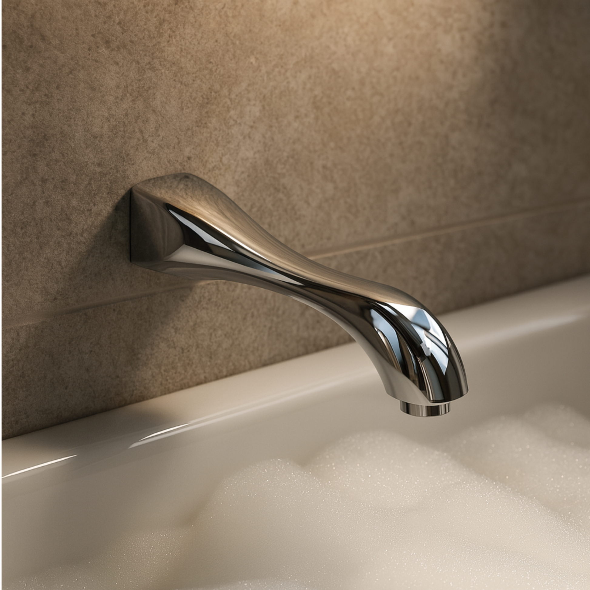 Chrome faucet on a tiled bathroom wall