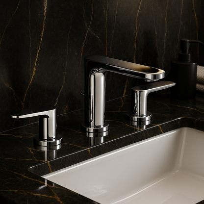 Chrome bathroom faucet set on a black marble countertop with a white sink.