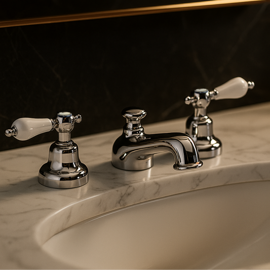 Chrome bathroom faucet with white ceramic handles on a marble countertop.