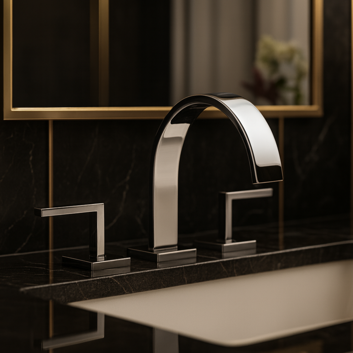 Modern silver faucet set against a dark marble wall with a mirror.