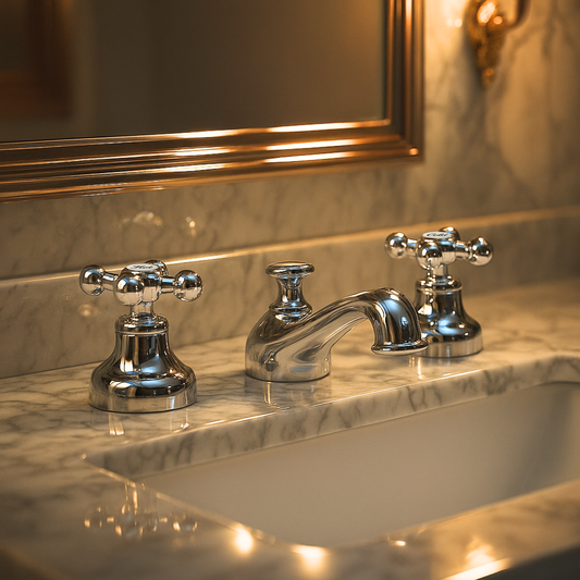 Chrome bathroom faucet and handles on a marble countertop with a mirror above.