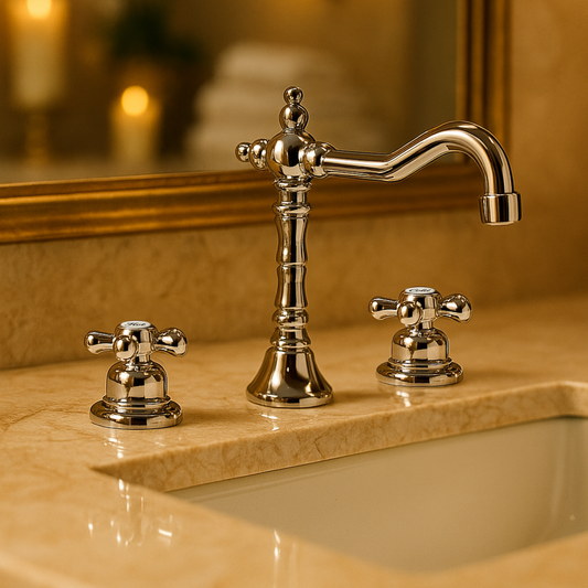 Chrome bathroom faucet set on a marble countertop with a blurred mirror in the background.