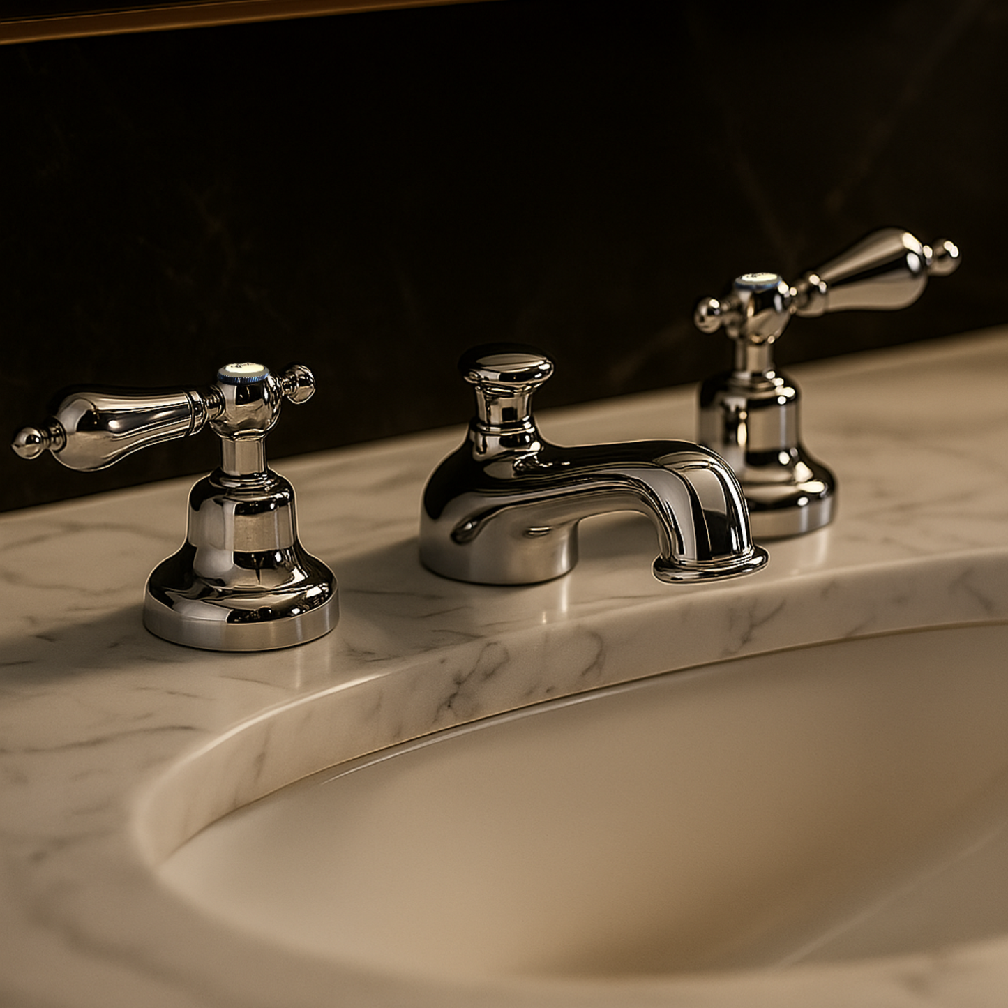 Chrome bathroom faucet set on a marble countertop with a dark background