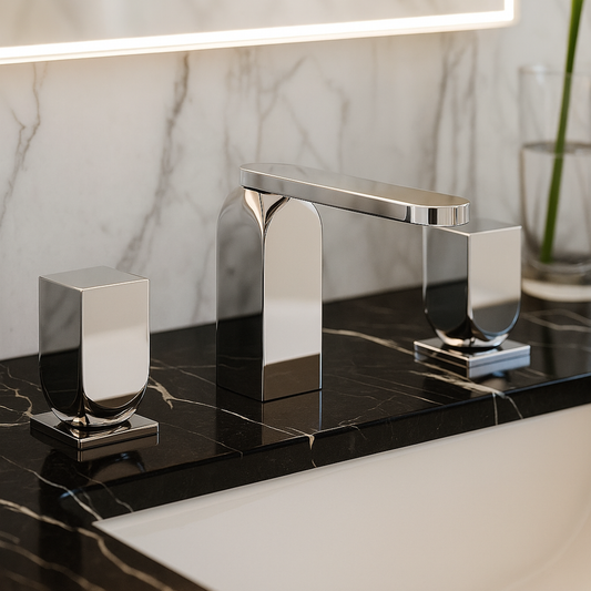 Chrome bathroom faucet set on a black marble countertop with a marble wall in the background.