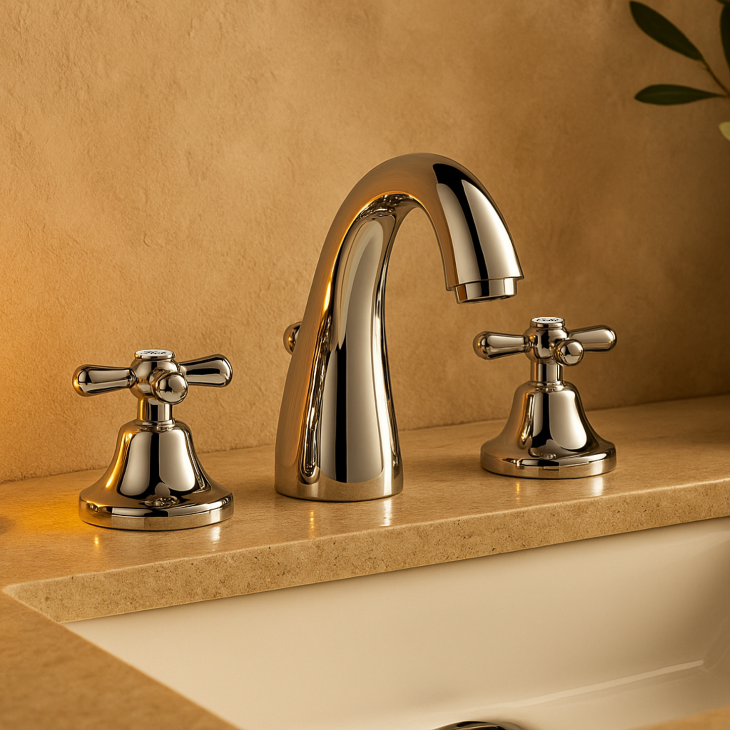 Chrome bathroom faucet set on a beige countertop with a neutral wall background