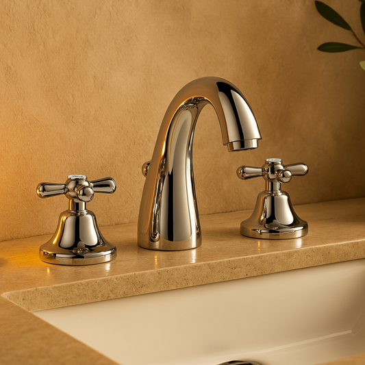 Chrome bathroom faucet set on a beige countertop with a neutral wall background