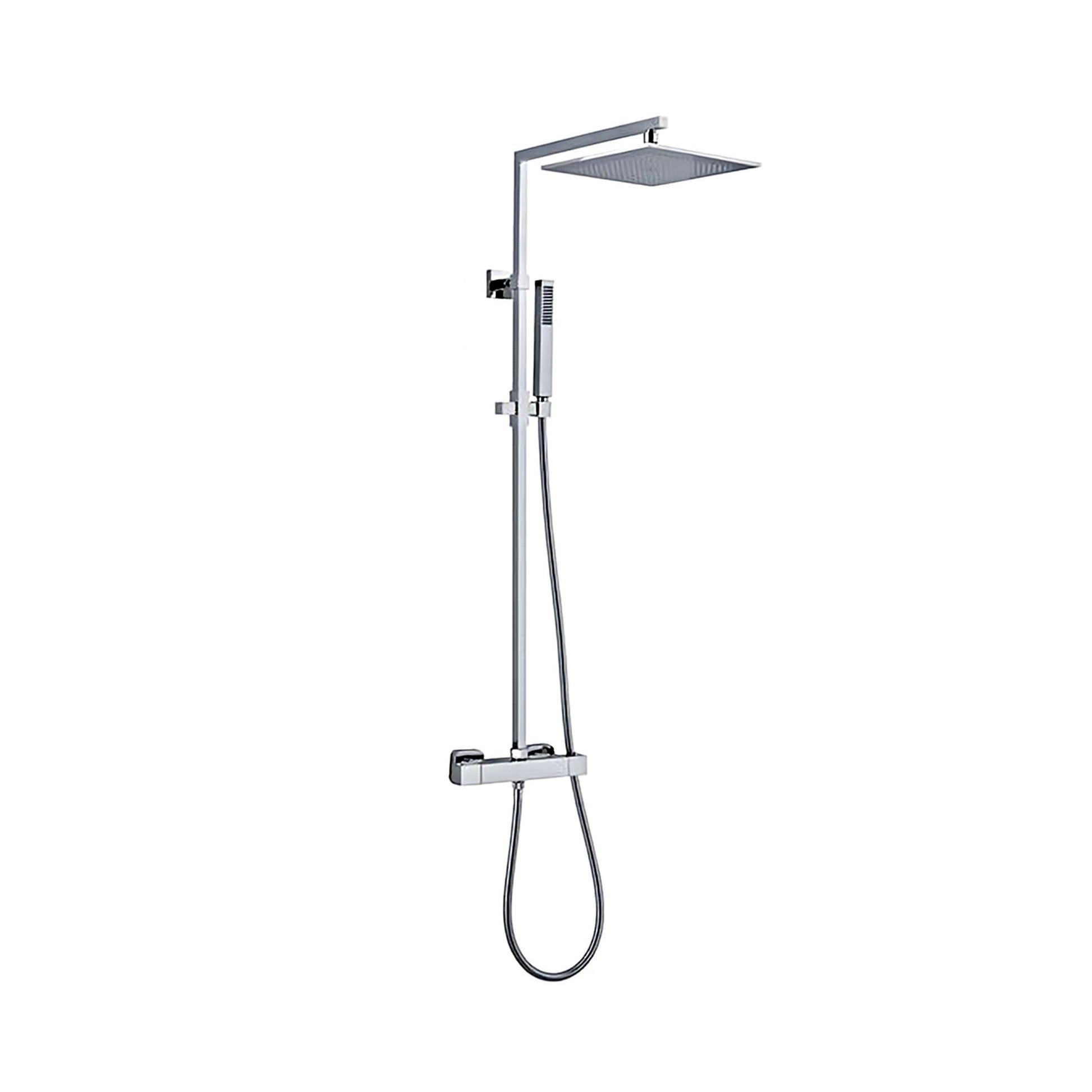 A wall-mounted, exposed thermostatic shower set with a square overhead shower head and a handheld shower head, both in a silver finish.