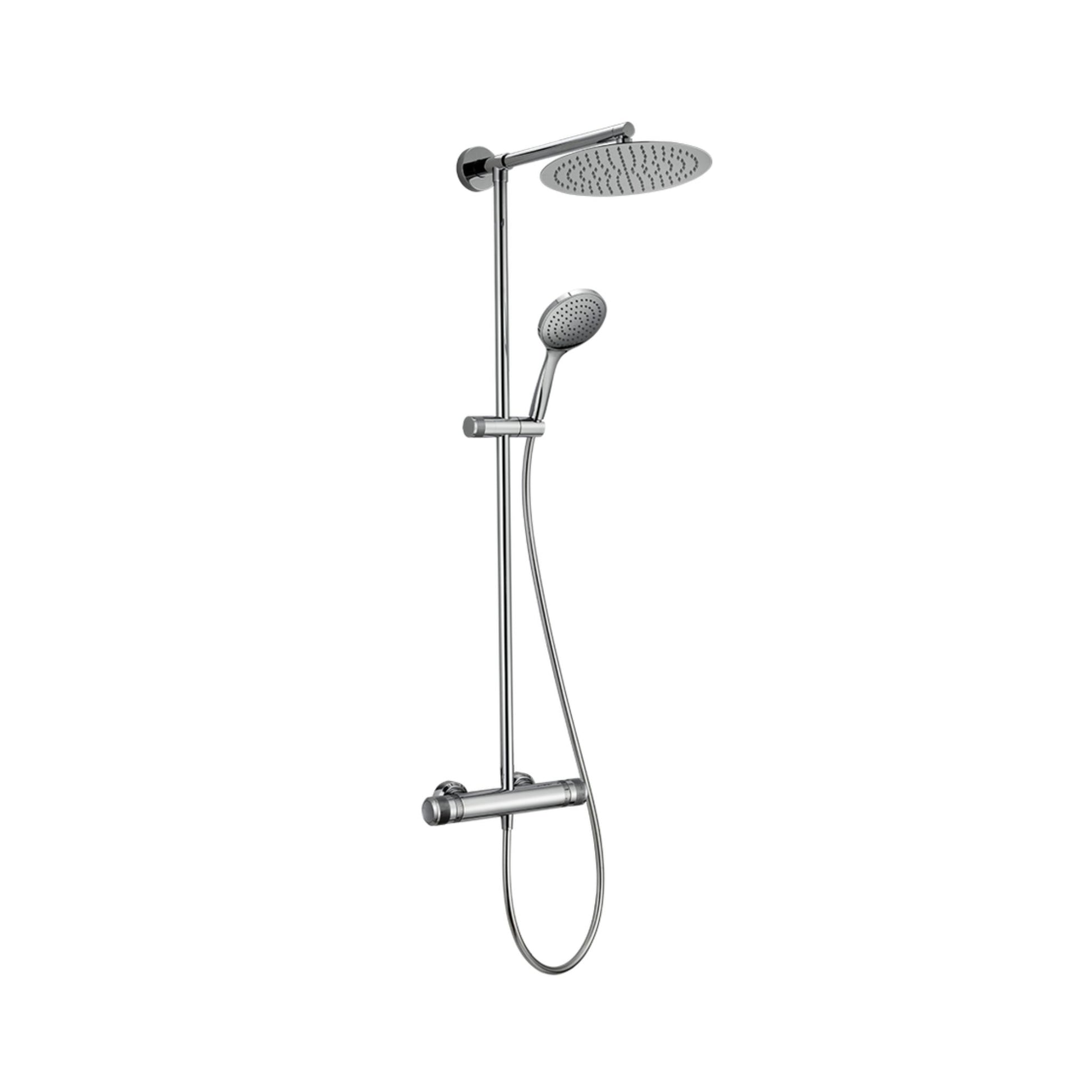 A wall-mounted exposed thermostatic shower set with a silver finish, featuring a main shower head, a hand-held shower head, and a vertical rod.