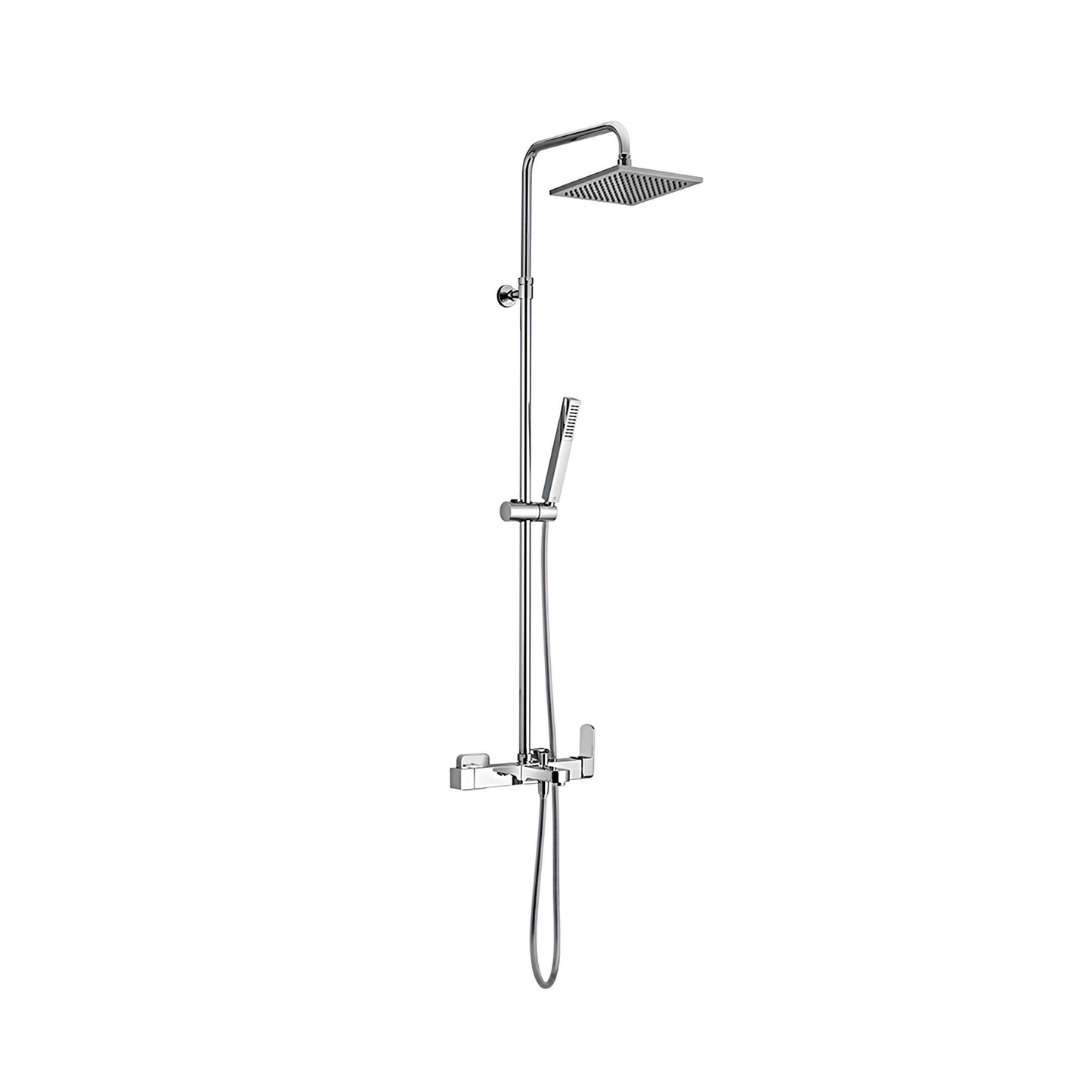 A chrome shower system with a square overhead rain shower, an adjustable handheld shower on a vertical rail, and a wall-mounted mixer valve against a white background.
